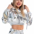 thumbnail image 3 of SWSMCLT Women's Metallic Hoodie Long Sleeve Crop Top Workout Shirt Dance Party Club Hooded Sweatshirt Shiny Cropped Top Silver X-Large, 3 of 4