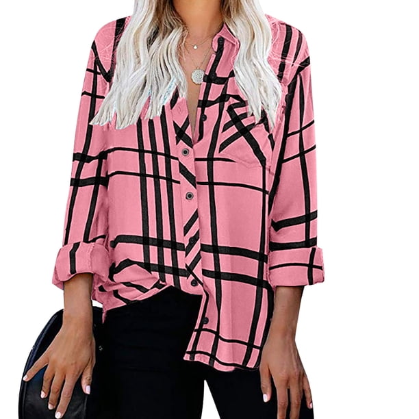 Puntoco Blusa con estampado de cuadros de manga larga con botones sueltos para mujer Puntoco Puntoco-4120