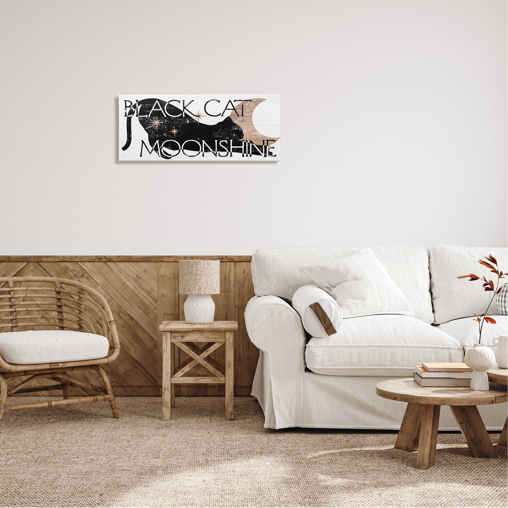 Stupell Industries Black Cat Moonshine Weathered Halloween Moon Sign Graphic Art Gallery Wrapped Canvas Print Wall Art, Design by Daphne Polselli