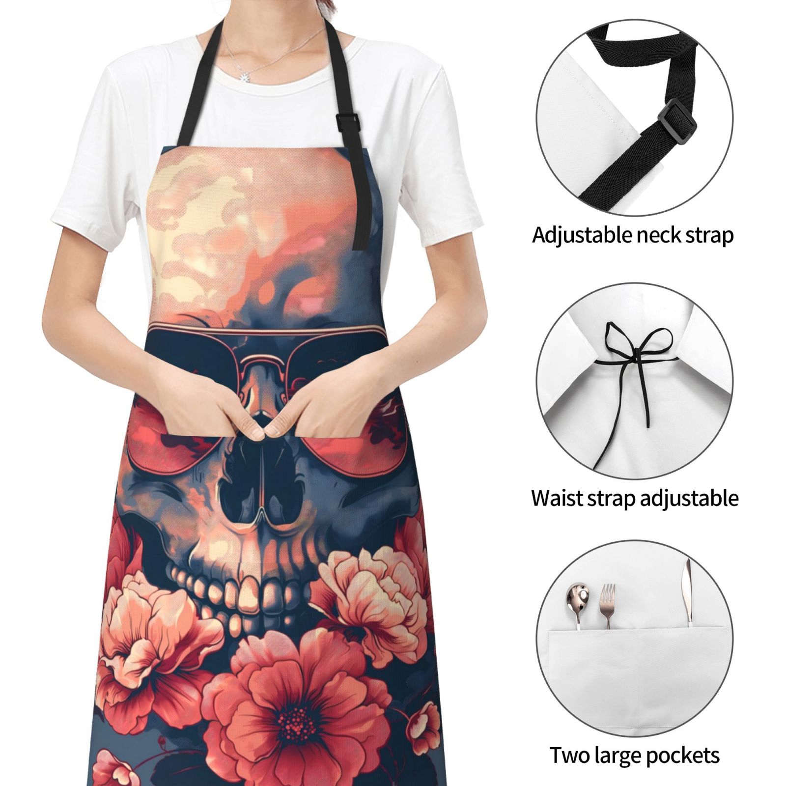 Kdxio Skull With Roses And Sunglasses Apron with Pockets Adjustable Kitchen Aprons for Men Women Waterproof Aprons for Cooking,Drawing,Crafting, Baking Household Cleaning