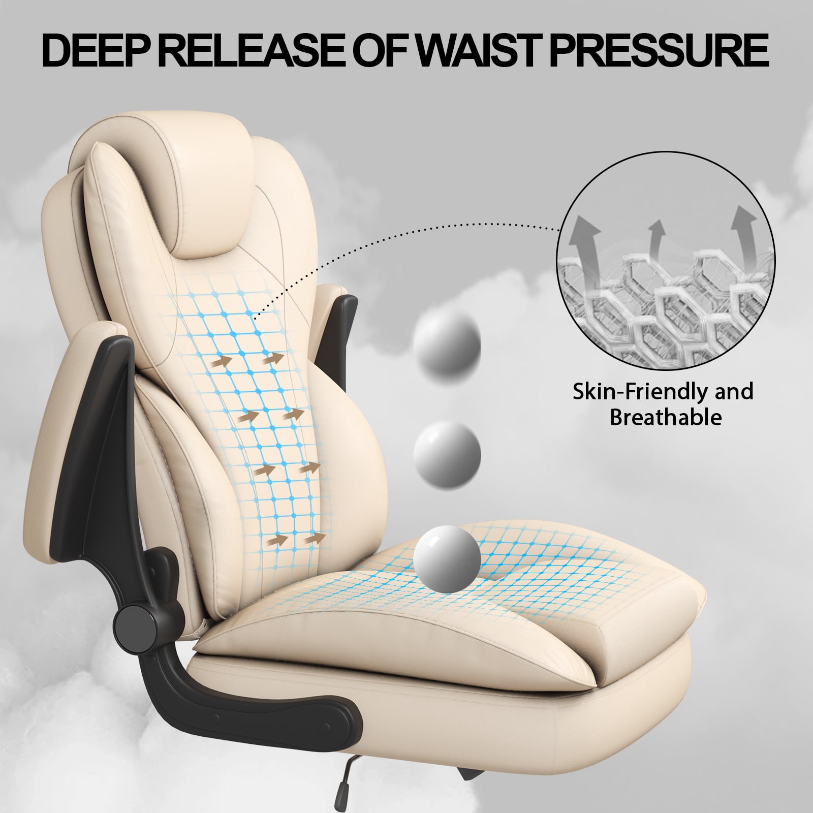 Hovos Big and Tall Office Chair with Flip-up Arms, Ergonomic Home Computer Desk Leather Chair, 360° Swivel Computer Desk Chair, Quiet Nylon Wheels, Beige