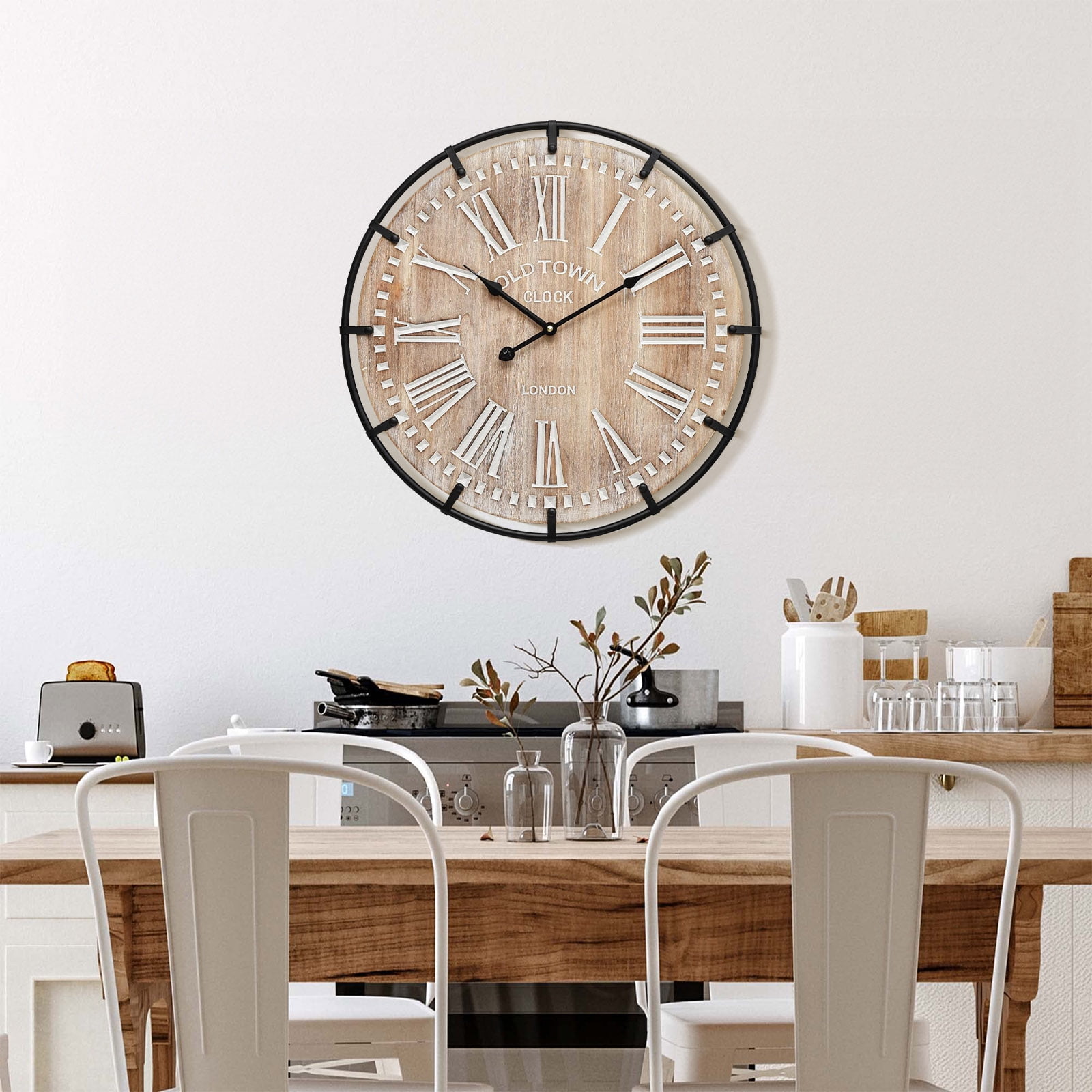 MODE HOME 24 inch Farmhouse Rustic Wall Clock, Silent Battery Operated with Metal Circle and Engraved Numerals