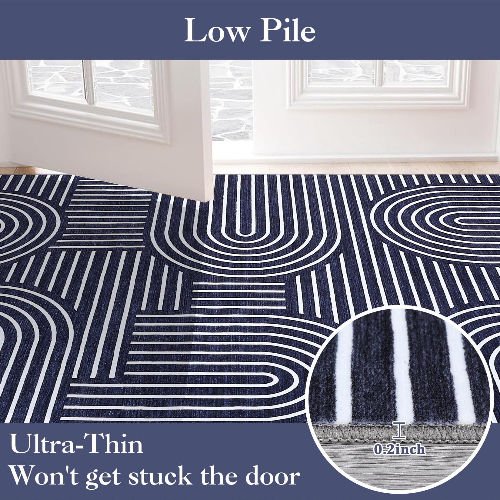Hasoo 2'x 6' Navy Runner Rug Modern Strip Indoor Carpet Soft Non Slip Runner for Laundry Bathroom Entryway Bedroom