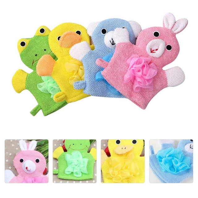 4 guantes de baño para bebés, guantes exfoliantes con dibujos animados, guantes de ducha para bebés y niños, guantes para fregar, guantes de baño para bebés
