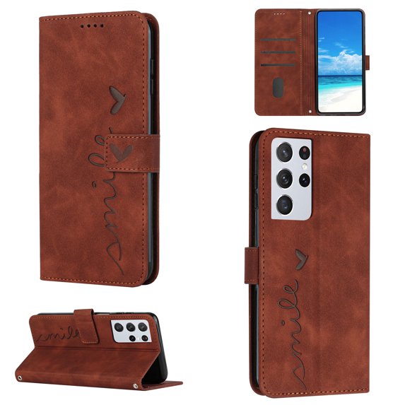 For Samsung Galaxy S21 Ultra Wallet Cover, PU Leather Kickstand Credit Card Pocket Slots Wrist Strap Magnetic Folio Heart Patterned Embossed Flip Cover for Samsung Galaxy S21 Ultra, Brown