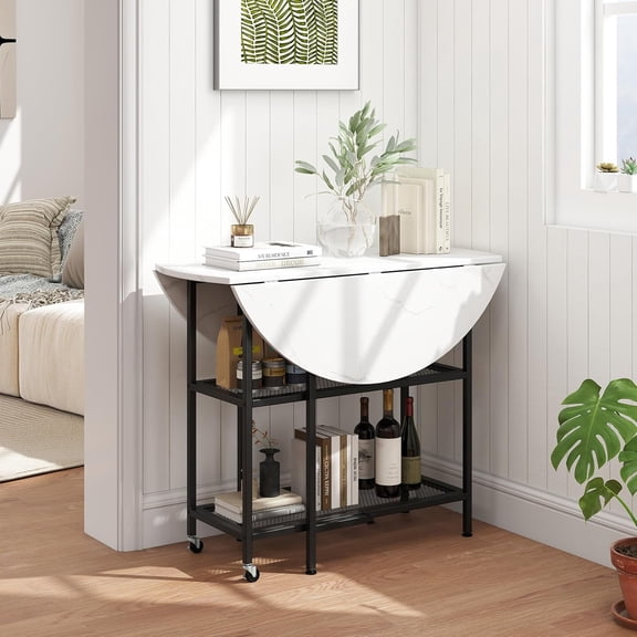 40 Inch Folding Dining Table with Lockable Wheels and Storage Shelves, Space-Saving Round Kitchen Table for Small Apartments