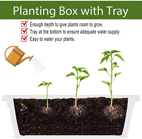 RibRave 6 Pack Window Box Planter, 17 Inches Vegetable Flower Plastic Planter Boxes with Tray, Rectangular Planter Indoor and Outdoor Flower Pots for Windowsill, Patio, Porch, Garden Balcony, White