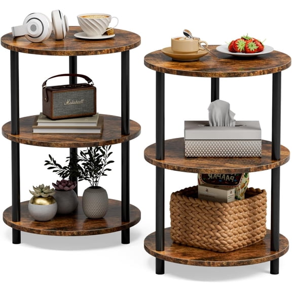 Small Round End Table - 3 Tier Design Accent Table, Narrow Side or Bedside Stand, Industrial Vintage Nightstand for Bedroom, Living Room, or Small Spaces, Set of 2, Charcoal Wenge