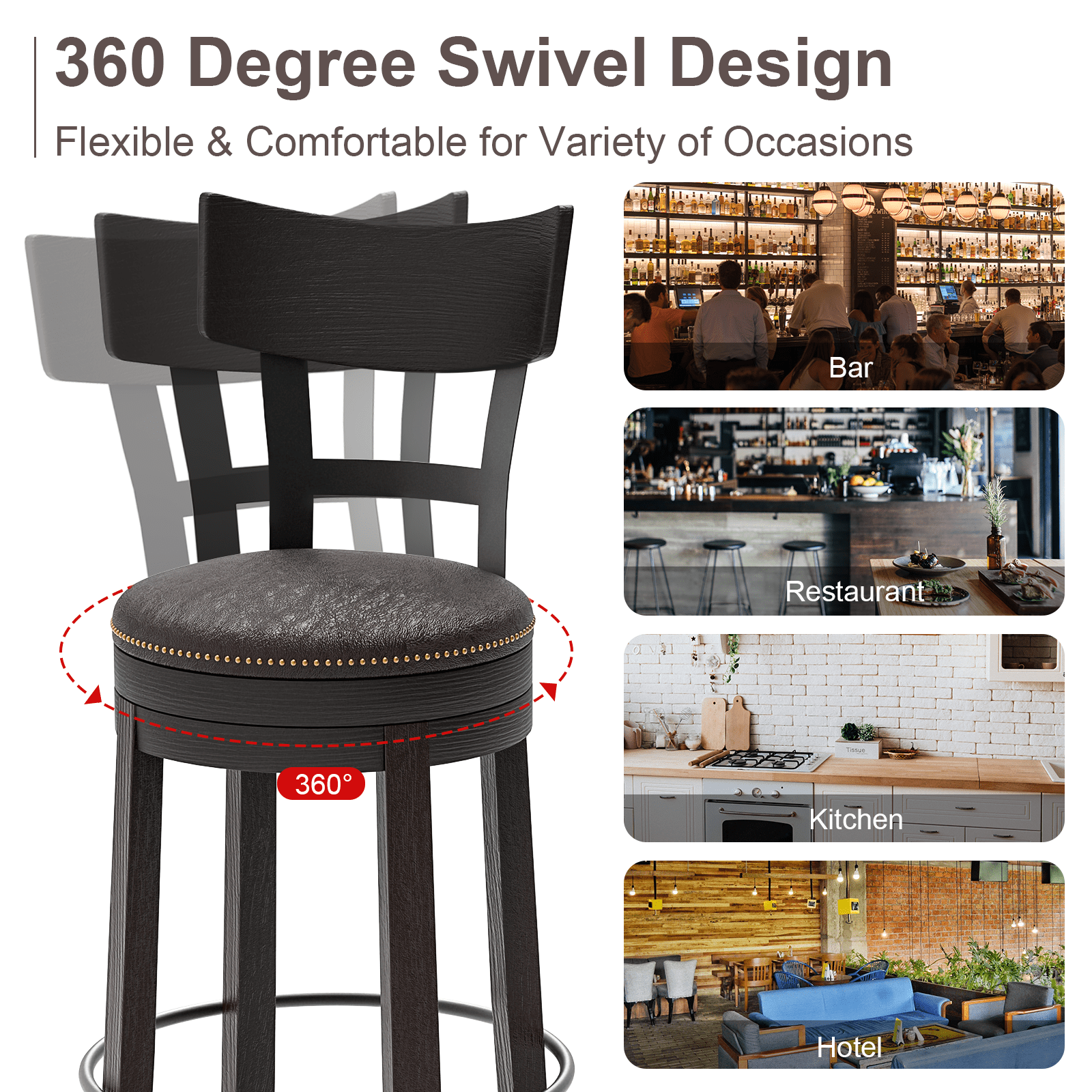 Nathaniel Home, 24" Swivel Counter Height Bar Stools, Dining Chairs with Backrest, Leather Seat Barstool Set of 2, Brown