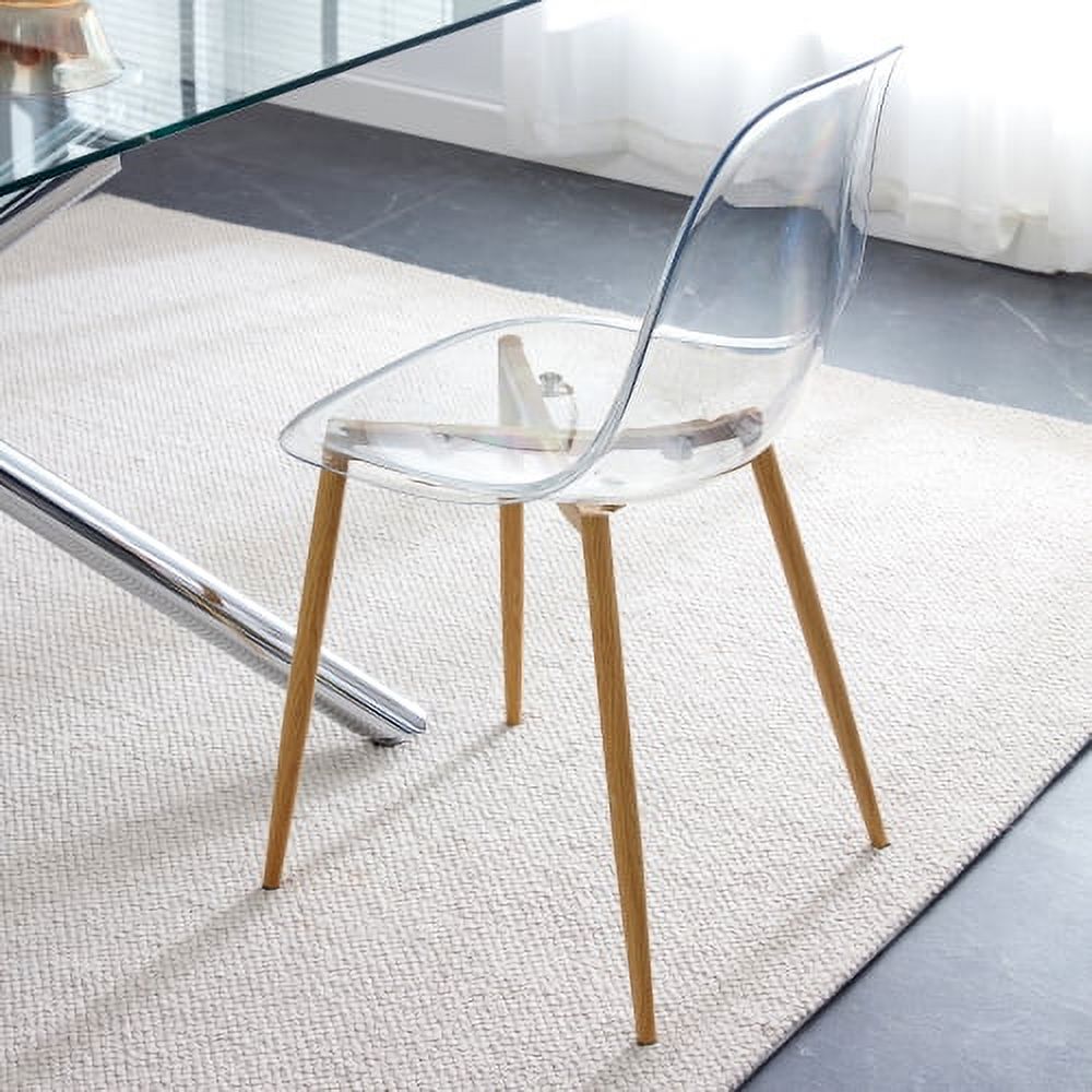 BSHTI Modern simple transparent dining chair plastic chair armless crystal chair Nordic creative makeup stool negotiation chair Set of 4 and wood color metal leg