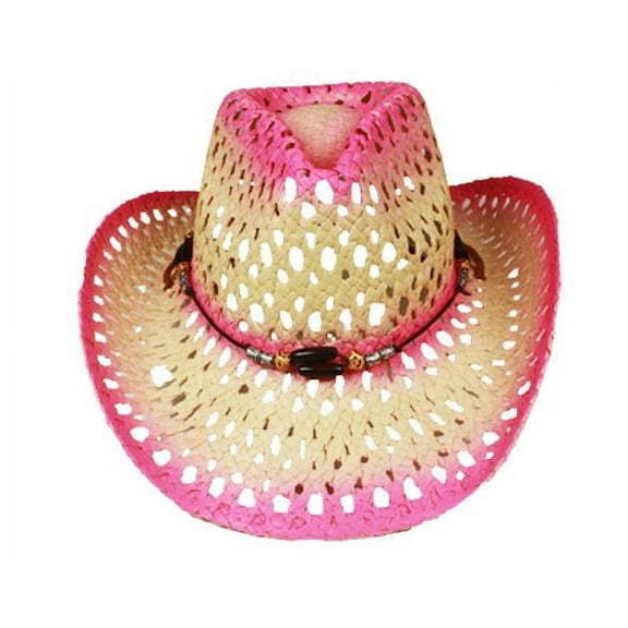 Hot Pink Ombre Tea Stain Paper Straw COWBOY HAT Beach Gardening WESTERN Cowgirl Summer Hat with Beads