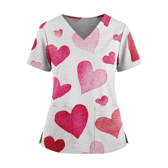 Valentine Day Nursing Scrubs Womens Short Sleeve Love Heart Print Plus Size Scrub Tops V Neck Medical Quick Dry Uniforms with Pockets White 2XL