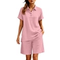 thumbnail image 6 of Costeam Womens 2 Piece Linen Blend Co Ord Set Notch Collar Button V Neck Short Sleeve Top Dual Side Pockets Elastic Waist Shorts Solid Color Summer Two Piece Outfit, 6 of 8