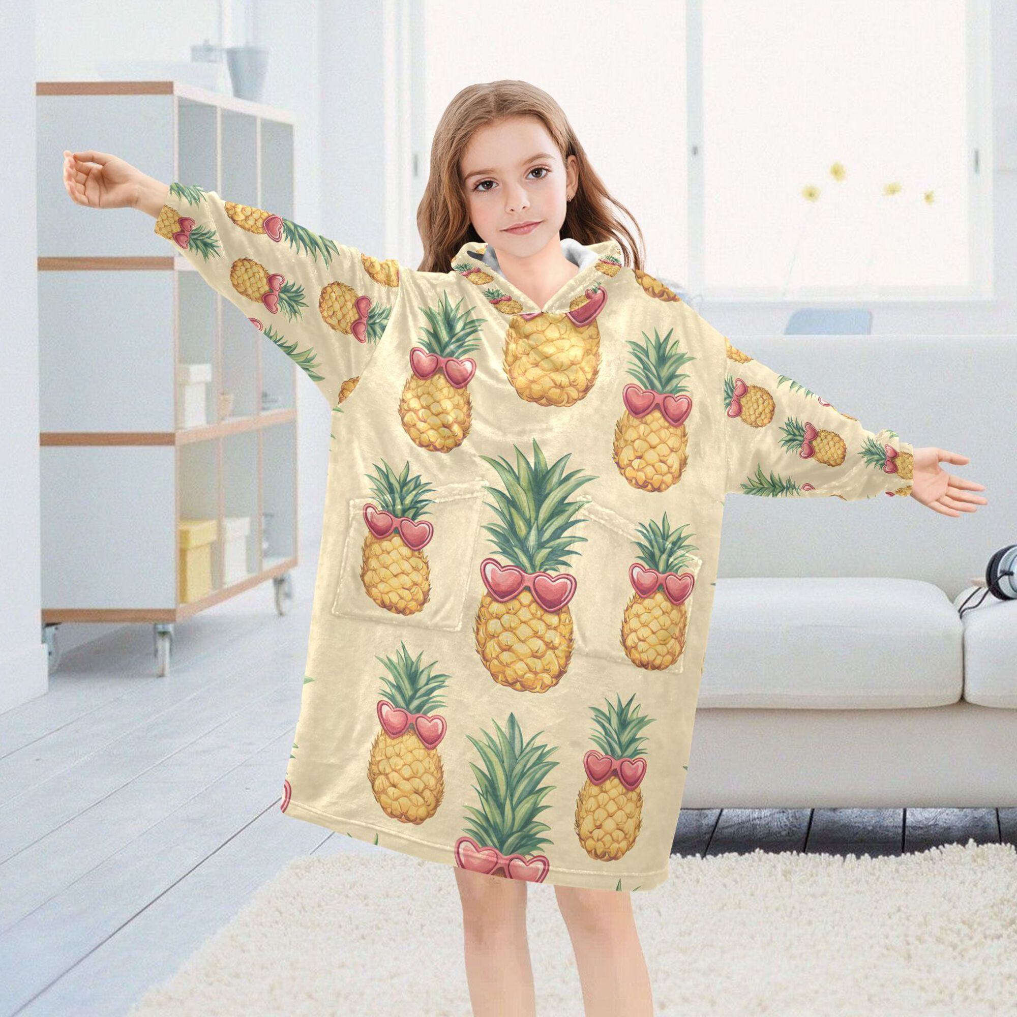 FORMRS Wearable Blanket Hoodie with Sleeves for Kids Cozy Flannel Sweatshirt, Sunshine Pineapples