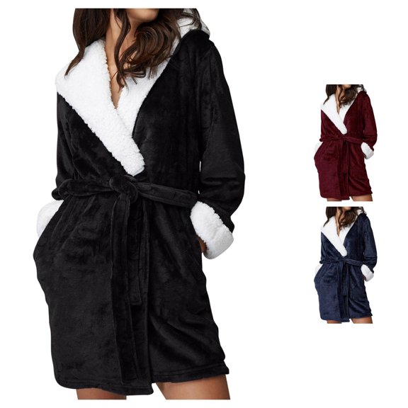 XIAOCHA Women's Sherpa Robe Hooded Belted Long Sleeve Night Gown