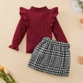 thumbnail image 5 of Toddler Girl 2Pcs Outfits Set Solid Ruffle Long Sleeve Ribbed T-Shirt Knit Tops Plaid Button Skirts Set Spring Fall Winter Clothes Kid 2-7 Years, 5 of 11