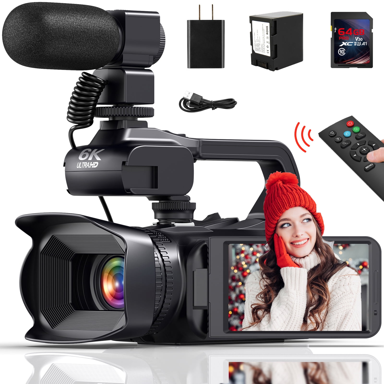 MARVUE 6K Video Camera Camcorder 64MP, Ultra 4.0" Touch Screen IR Night Vision 18X Digital Zoom with Microphone, Wifi, Handhold Stabilizer, 32G SD Card