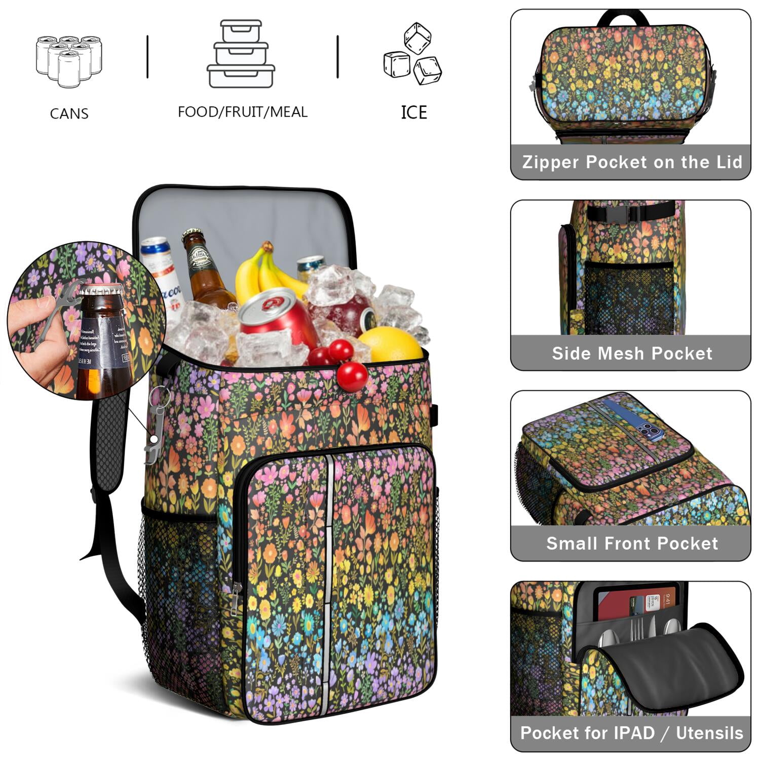 Travel Cooler Bag - Boho Bohemia Flower Camping Beer Cooler Backpack with Bottle Opener- Waterproof Insulated Picnic Backpacks - Cooler Bag for Beach