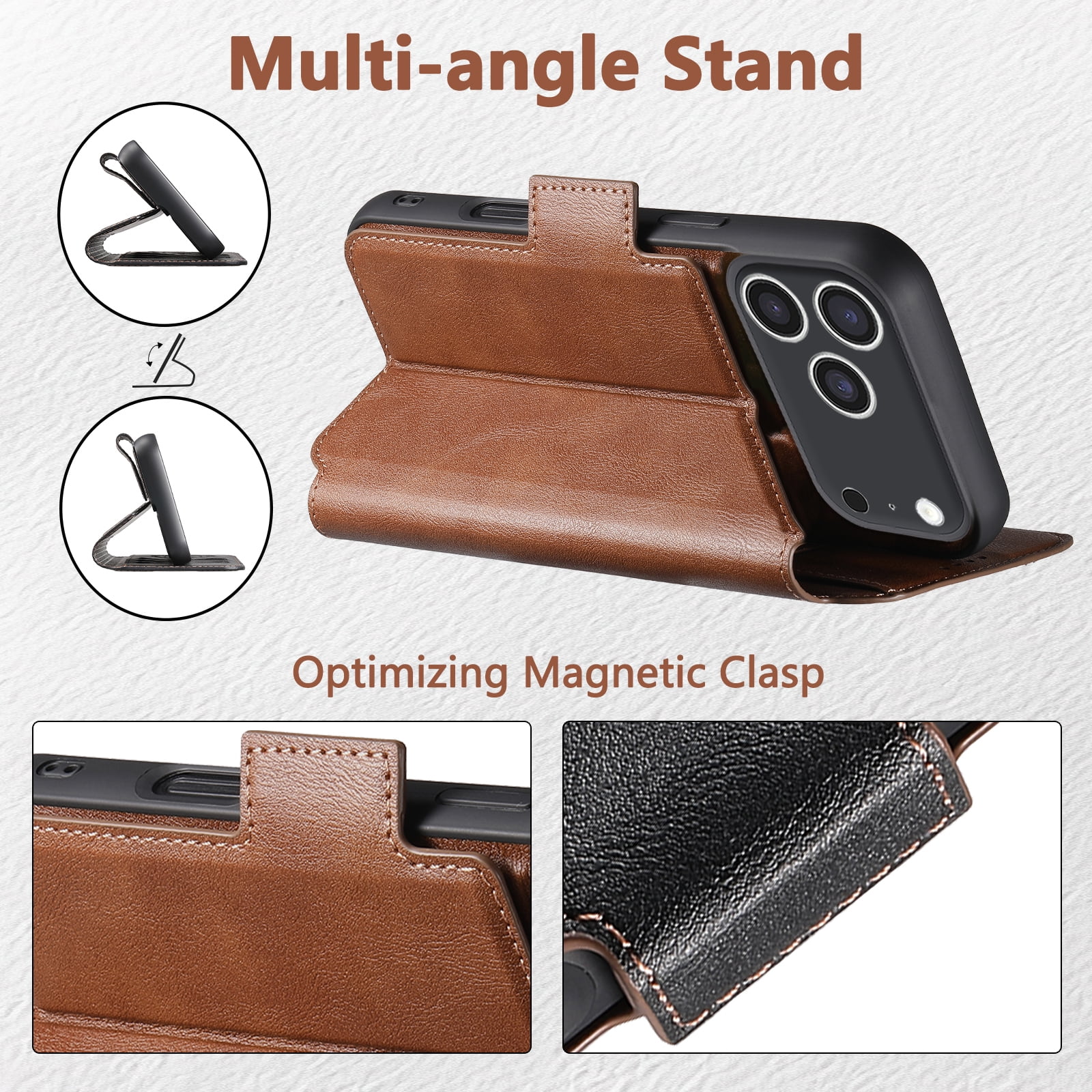 PU Leather for iPhone 17 Pro Max Case, 2 in 1 Detachable Wallet Case with Card Holder, Removable Flip Stand Folio Cover with RFID Blocking Phone Cover [Compatible with MagSafe],Brown