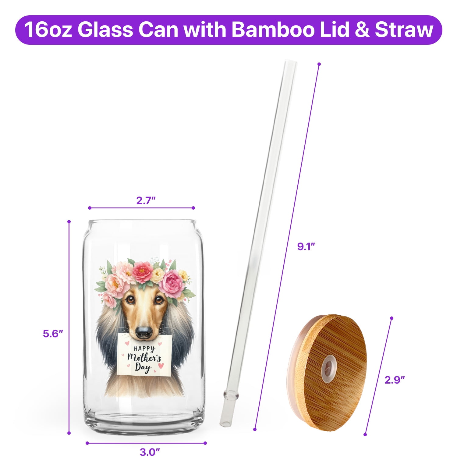 Happy Mother's Day Afghan Hound with Flower Crown and Greeting Card 16oz Glass Cup Mug Dog Lover Glass Can with Bamboo Lid and Straw - 13004