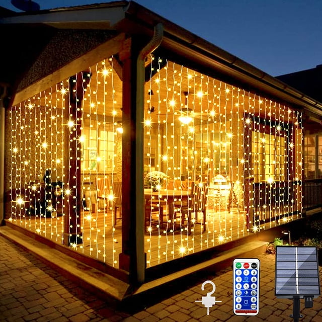 Luces de cortina solares Whywhife 300 LED 3 x 3 m con control remoto, resistentes al agua