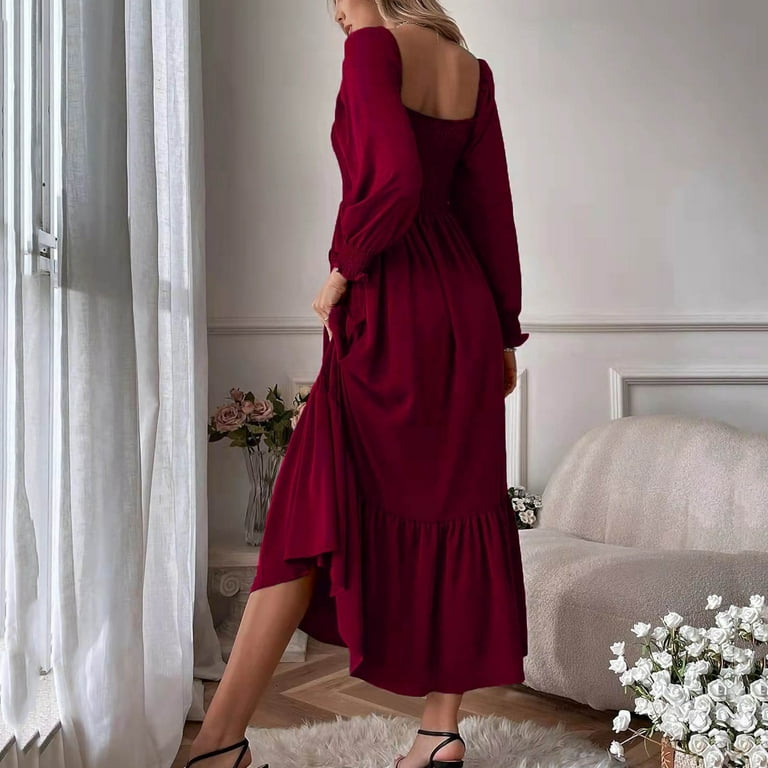 TIANZEN Women's 2024 Fall Casual Long Sleeve Maxi Dress Square Neck Smocked  Tiered A Line Flowy Long Dress Long Sleeve Shirt Dress Daytime Dresses for  Women Casual Womens Summer Dress - Walmart.com