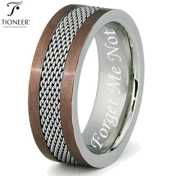 Stainless Steel 316L Two-Tone Mesh Center Strip Wedding Band Promise Ring Comfort Fit 8MM Forget Me Not Engraved
