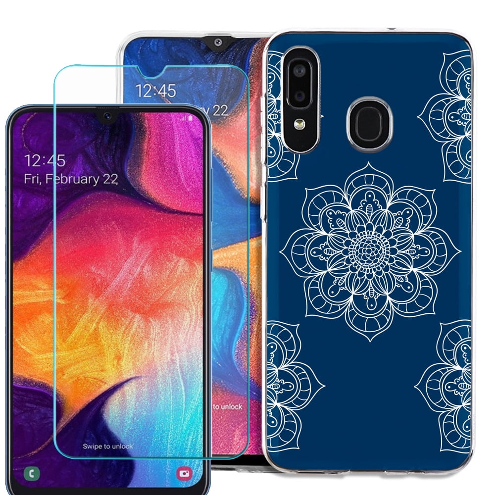 For Samsung Galaxy A20 Phone Case , Slim-Fit TPU Case with Tempered Glass Screen Protector, by OneToughShield ® - Mandala / Blue