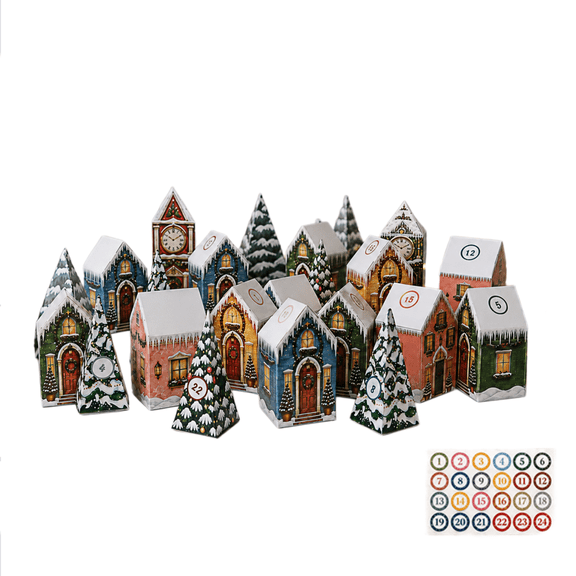 SINGOMON 24pcs Christmas Advent Calendar Box, Mini Village House Tree Countdown Boxes, Fillable Christmas Advent Calendar Xmas Tabletop Mantel Decor Empty DIY Surprise Gift Holiday Ornament Boxes
