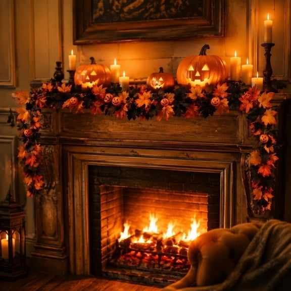 Bcylexb Artificial Maple Leaf Garland for Halloween, 5.7 Ft Hanging Maple Vines for Fireplace Mantel Thanksgiving Harvests Decor