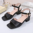 thumbnail image 5 of Qopobobo Girl Heels Girls High Heels Girls Sandals Ankle Strap Square Toe Low Heel Bow Flower Dress Shoes Black,4, 5 of 7