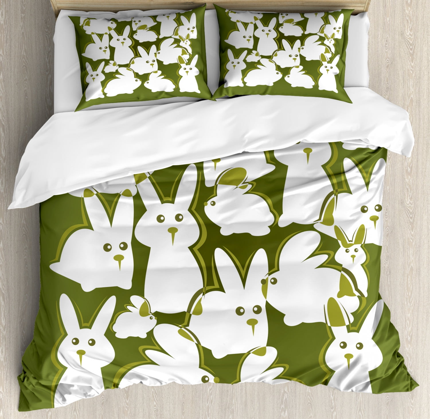 Bunny Duvet Cover Set King Size, Funny Cartoon White Rabbits on Green ...