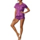 thumbnail image 2 of Conjunto de pijama de satén para mujer INSPIRE CHIC, camisa de botón de manga corta con pantalones cortos, 2 piezas, ropa de descanso, pijama, color púrpura, 2 of 6