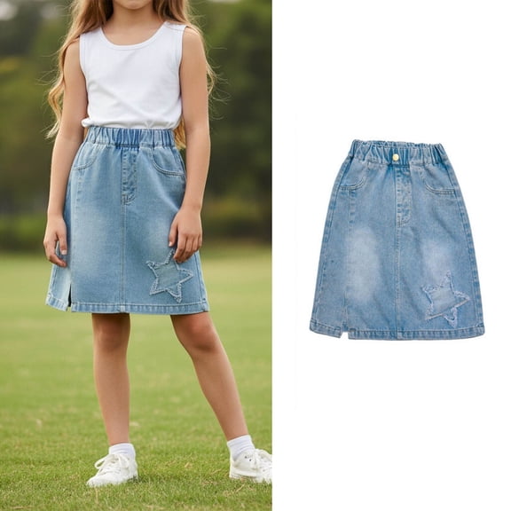 Denim Skirt for Girls Elastic Waist Denim Star Embroidered Skirt Cute Denim Skirt Back to School Outfits Jean Skirt Girls 9-10 Years