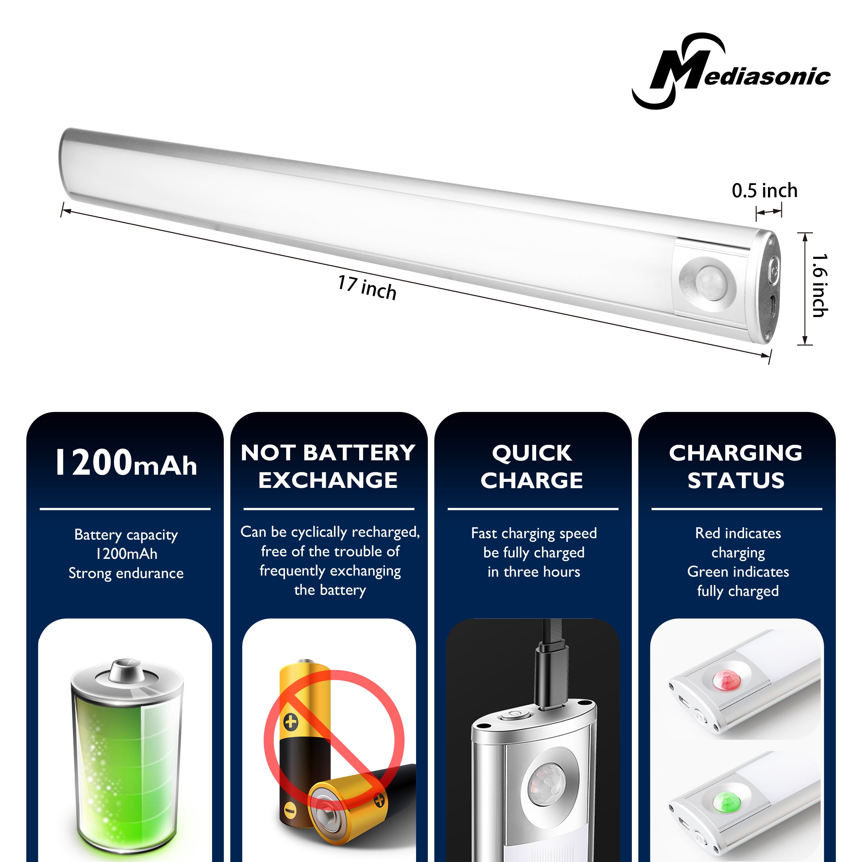 3 PK Motion Sensor LED Light for Under Cabinet Closet Kitchen Wardrobe 6500K Rechargeable Battery Powered Long 17 inch Length Aluminum Body (MLG-1042CL)