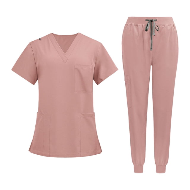 Uniformes de enfermería Scrub Set enfermera Top pantalones ropa de trabajo para tienda de mascotas cosmetología Rosa Yuyangstore Uniforme de enfermera