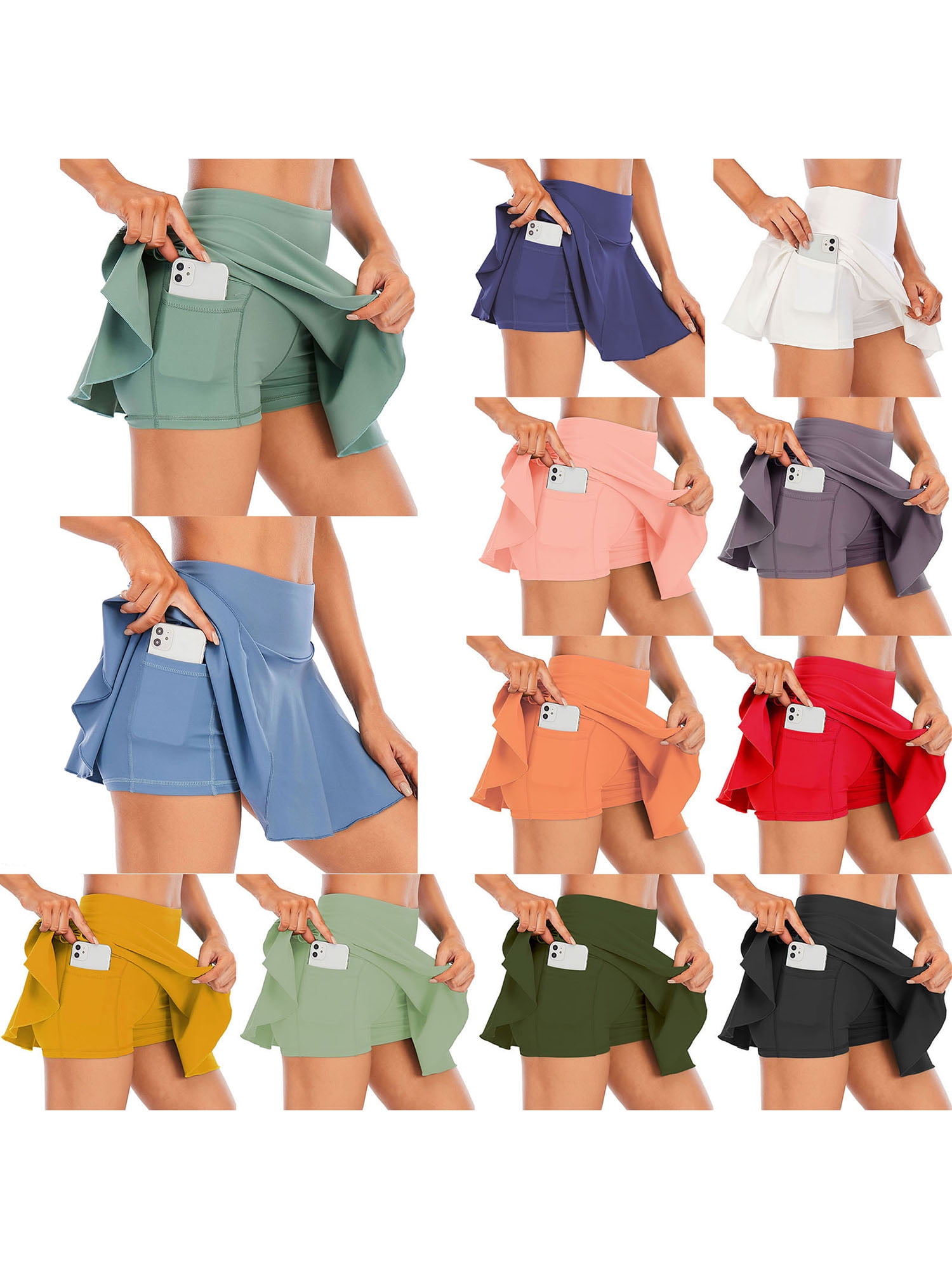 Women Sports Skort with Built-in Shorts and Pockets, Solid Color High Waist Pleated  Skirt in 12 Colors - Walmart.com