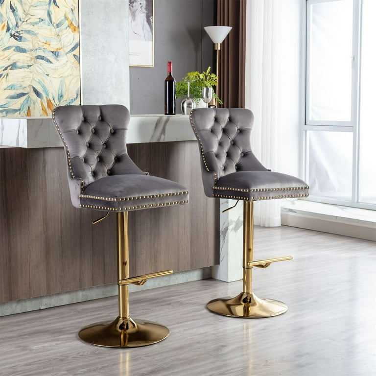 Swivel Bar Stools Chair Set of 2 Velvet Dining Chairs Modern Adjustable Counter Height Bar Stools Velvet Upholstered Stool with Tufted High Back Ring Pull for Kitchen Chrome Golden Base Gray