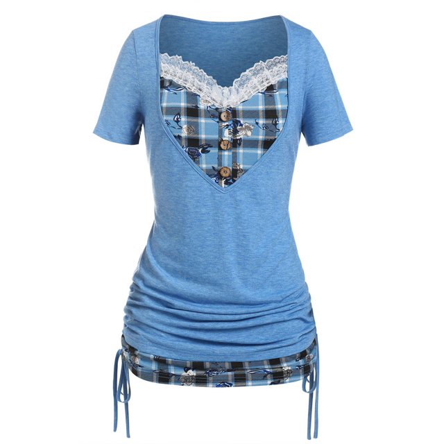 Camiseta Cuello Redondo a Cuadros Tamaño Plus Rosegal Camisetas tallas grandes