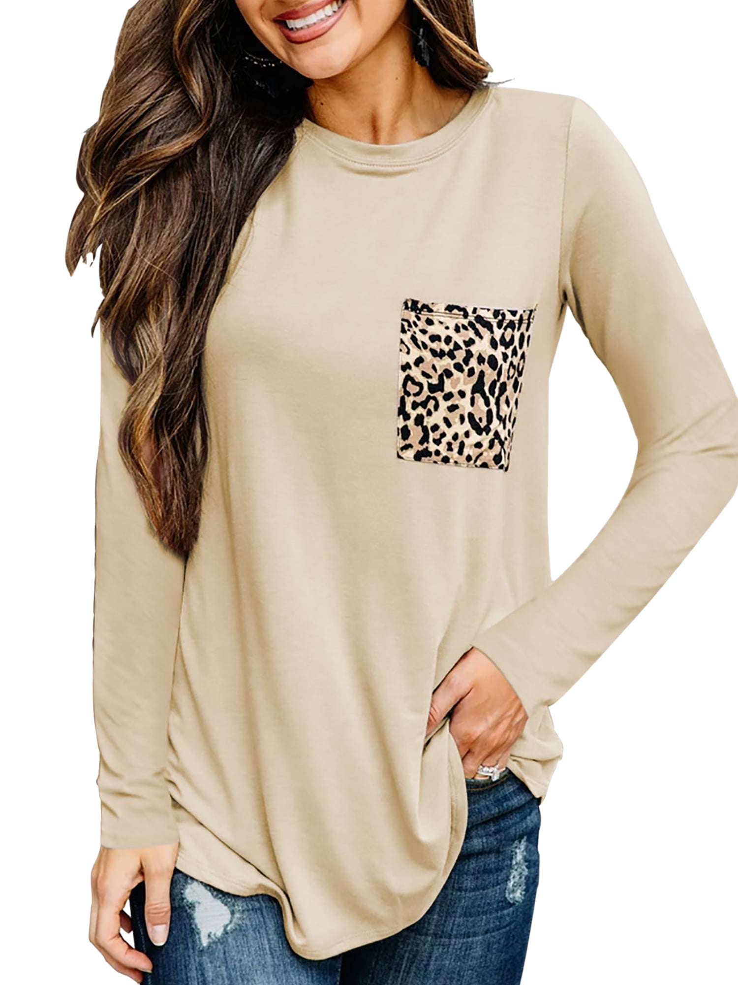 Womens Leopard Blouse Ladies Casual Pocket Long Sleeve Tunic Jumper Shirt Tops