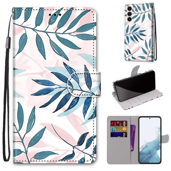 SaniMore Painted Wallet Case Compatible with Galaxy S23 Plus 5G, Stylish PU Leather Shell Magnetic Closure Shockproof Kickstand Case with Wrist Strap for Samsung Galaxy S23 Plus, Green Leaves