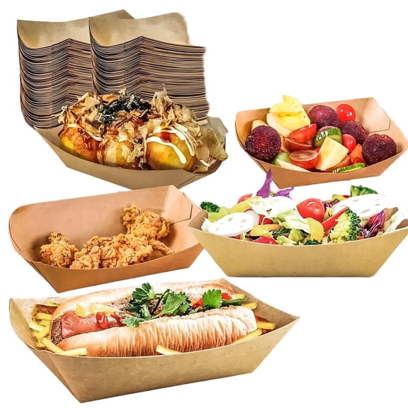 100-Pack Heavy-Duty 2lb Paper Food Trays, Disposable Snack Boat Serving Trays for Fries, Nachos, Hot Dogs, Tacos, Popcorn, Party & Picnic Catering (Brown)