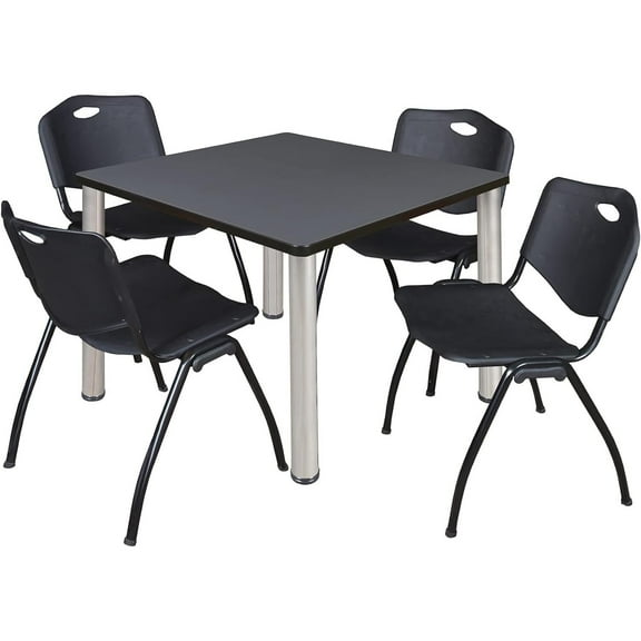 Homestock Modern Marvel 30" Square Lounge Table Grey/Chrome With 4 'M' Nesting Chairs, Black - Ergonomic Breakroom Furniture Set For Staff Break Room, Tables & Chair, Breakroom Set