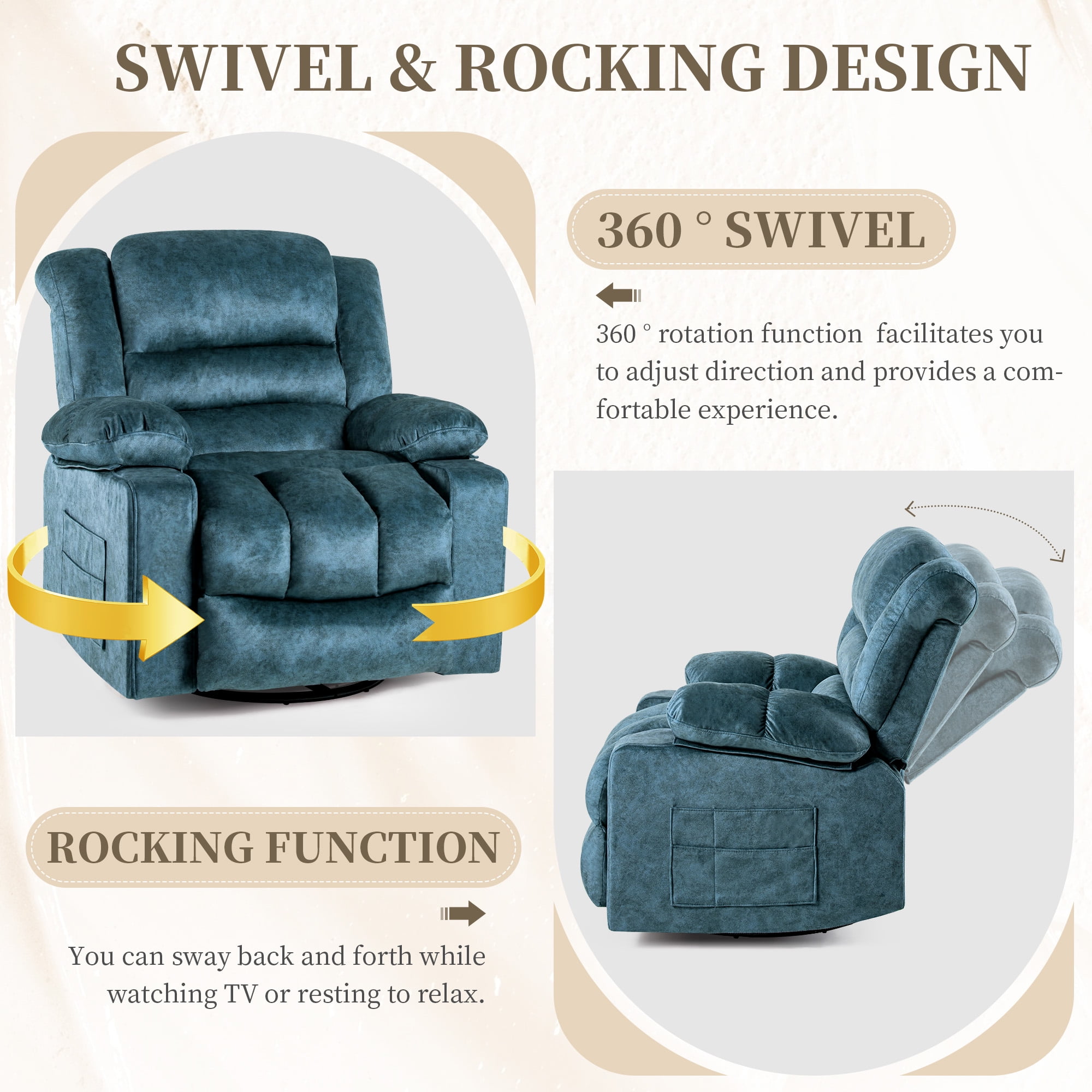 HOMYEDAMIC 23.6" Wide Recliner Chair, Rocker Swivel Recliner, Modern Ergonomic Single Sofa Chair with Foam Filling for Living Room Lounge, With Side Pocket