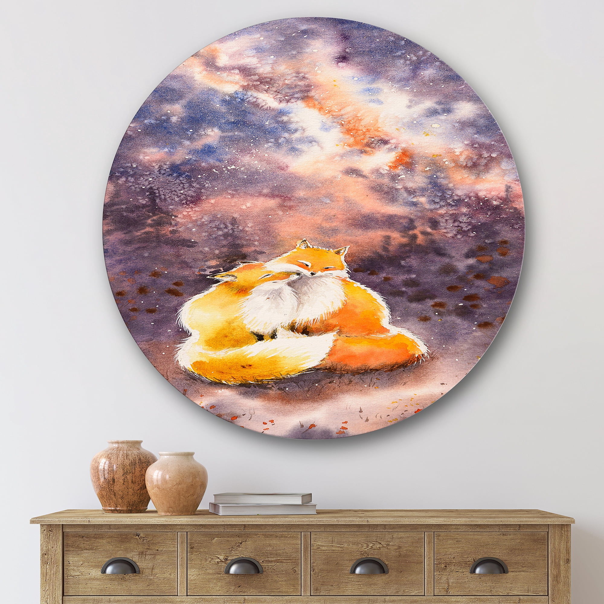 Designart 'Foxes Over A Night Sky Hugging ' Children's Art Circle Metal Wall Art 36x36 - Disc of 36