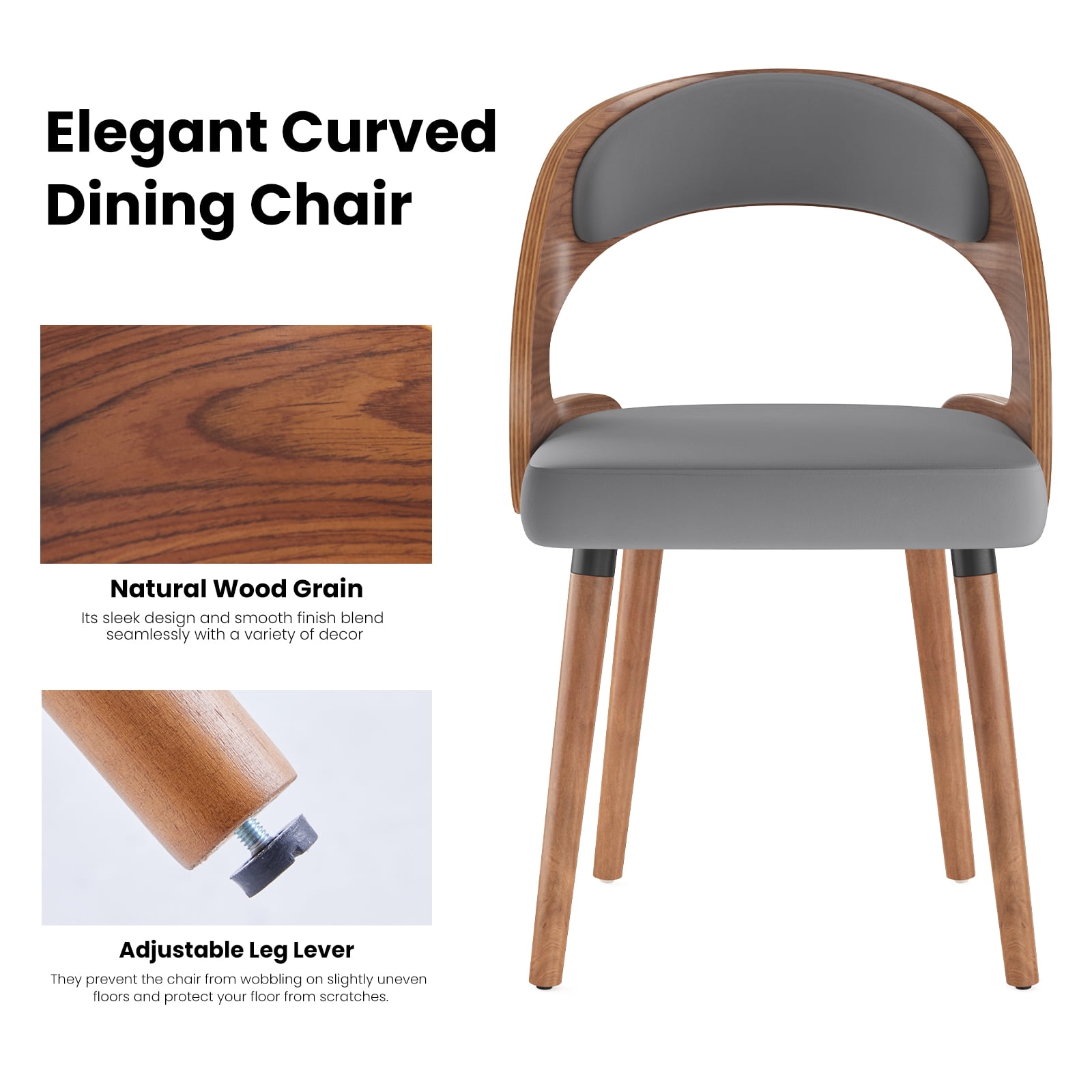Farini Set of 2 Wood Dining Chairs with Curved Backrest for Kitchen Dining Room, Dark Gray