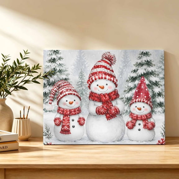 Christmas Snowman Canvas Wall Art, Winter Forest Pine Tree Red Scarf Berry Snowflake Wall Art Prints Artwork Framed Canvas Ready to Hang Art Pictures for Bathroom Bedroom Entry Desk Corner 10" x 8"