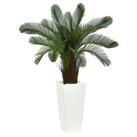 Nearly Natural artificial indoor 40'' Cycas Artificial Tree in White Tower Planter UV Resistant