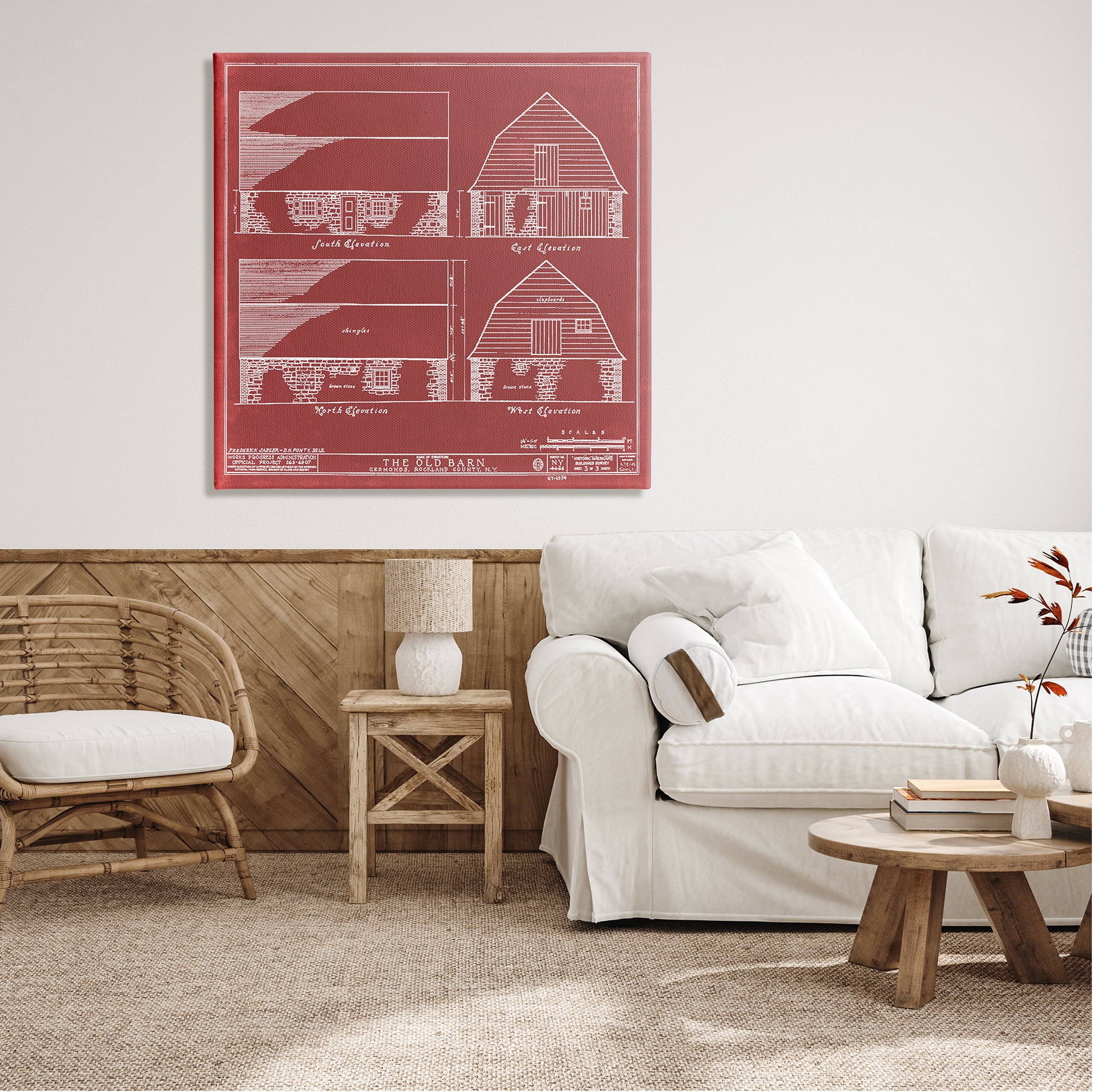 Stupell Industries Red Farmhouse Barn Detailed Blueprint Diagram , 36 x 36, Design by Annie Warren