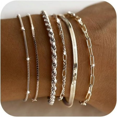 Dainty Silver Bracelets for Women Trendy, 925 Sterling Silver Jewelry Set for Women Bracelets for Women Paperclip Box Herringbone Figaro Rope Chain Bracelet Fashion Pack Gifts for Women Girls